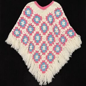 Vtg Handmade Granny Square Poncho Pink Blue White Boho Hippie Gender Reveal OS